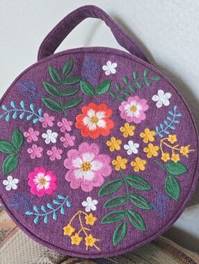 Embroidered Purple Floral Round Handbag-handmade